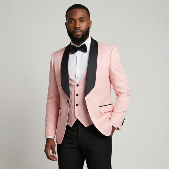 Pink Jacquard Slim Fit 3-Piece Shawl Tuxedo