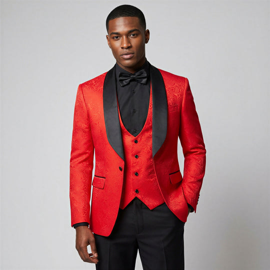 Red Jacquard Slim Fit 3-Piece Shawl Tuxedo