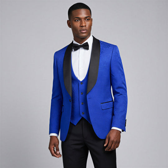 Royal Blue Jacquard Slim Fit 3-Piece Shawl Tuxedo