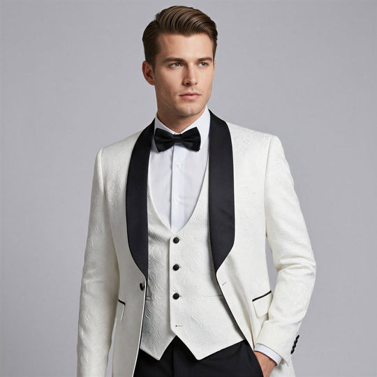 White Jacquard Slim Fit 3-Piece Shawl Tuxedo