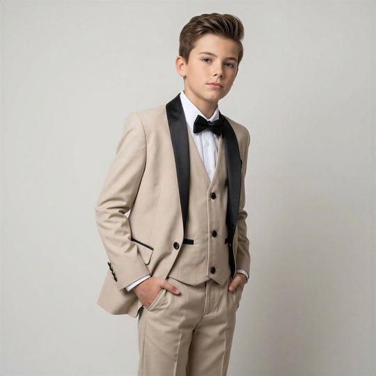 Boys Khaki Shawl Lapel Tuxedo Set – Wedding & Ring Bearer