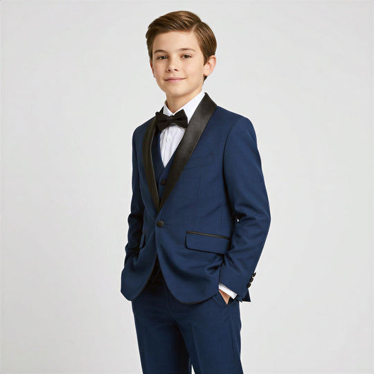 Boys Navy Blue Shawl Lapel Tuxedo Set – Wedding & Ring Bearer