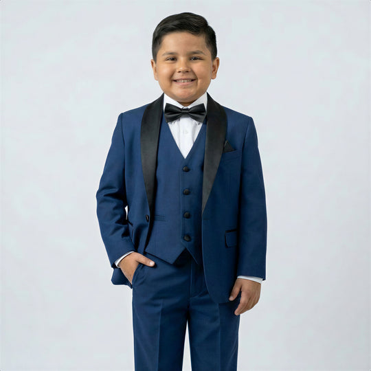 Boys Navy Blue Husky Shawl Lapel Tuxedo – Wedding & Ring Bearer