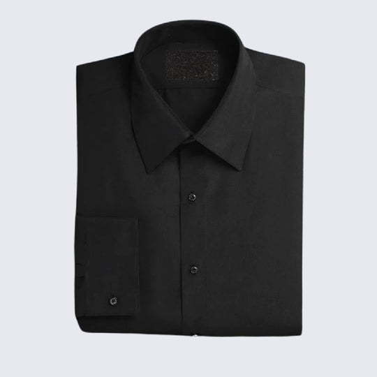 Black Slim Fit Microfiber Dress Shirt with Fly Front and Barrel Cuffs