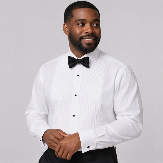White Modern Fit Pleated Tuxedo Shirt with Laydown Collar