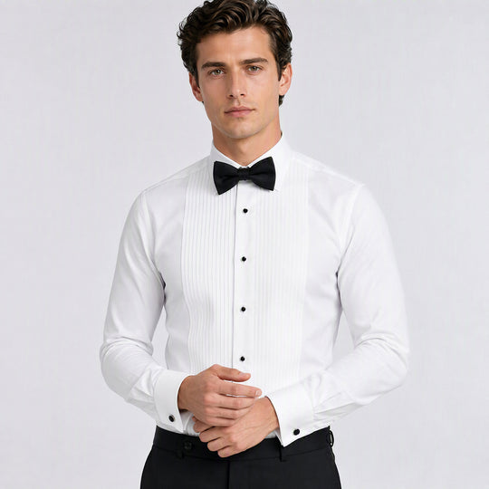 White Slim Fit Pleated Tuxedo Shirt with Laydown Collar