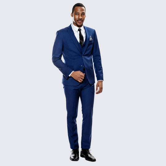 Indigo Blue Skinny Fit 3-Piece Suit with Notch Lapel – Wedding & Prom