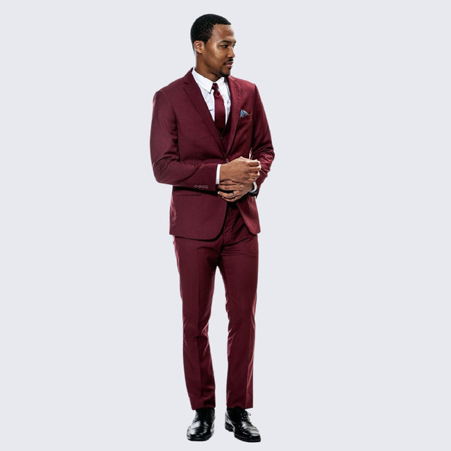 Burgundy Skinny Fit 3-Piece Suit with Notch Lapel – Wedding & Prom