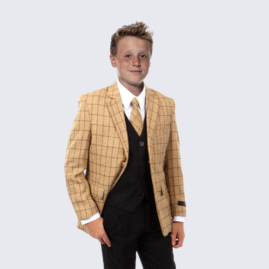 Boys Gold & Black Windowpane 5-Piece Suit Set – Wedding & Ring Bearer