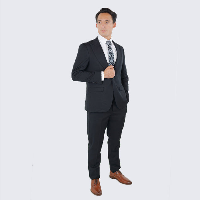 Black Three Piece Suit with Large Peak Lapel – Wedding & Prom