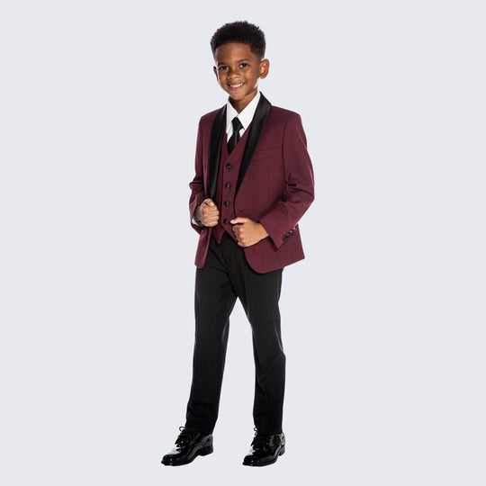 Boys Burgundy Tuxedo Slim Fit Shawl Lapel 5-Piece Set for Kids Teen Children - Wedding