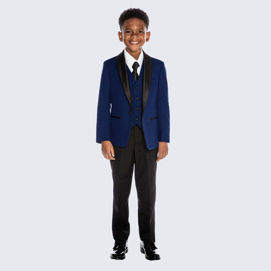 Boys Indigo Blue Tuxedo Slim Fit Shawl Lapel 5-Piece Set for Kids Teen Children - Wedding