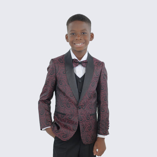 Boys Burgundy Paisley Tuxedo 5pc Set for Kids Teen Children - Wedding