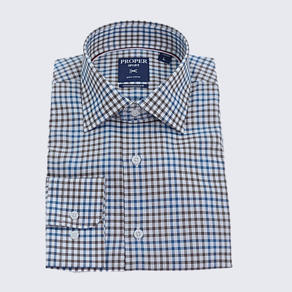 Men's Gingham Blue and Brown Contemporary Dress Shirt, XL Men's Gingham Blue and Brown Contemporary Dress Shirt, XL