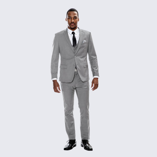 Mid Grey Skinny Fit 3-Piece Suit with Notch Lapel – Wedding & Prom