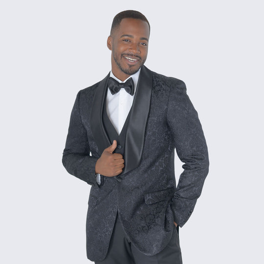 Black Paisley Suit Skinny Fit Three Piece  Set