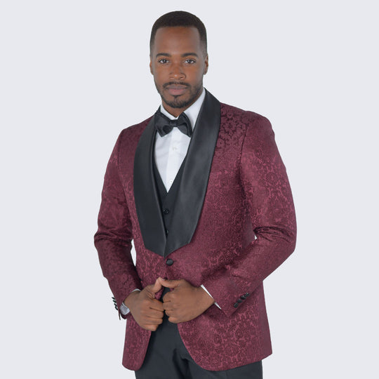 Burgundy Paisley Suit Skinny Fit Three Piece Set - Wedding - Prom