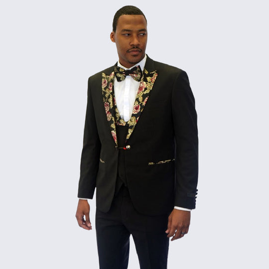 Black Floral Pattern Peak Lapel Tuxedo 4-Piece Set – Wedding & Prom