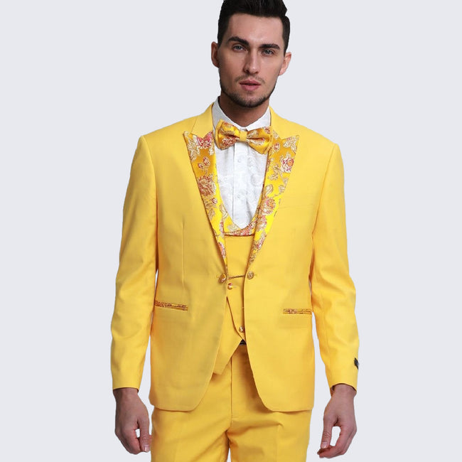 Yellow Floral Pattern Peak Lapel Tuxedo 4-Piece Set – Wedding & Prom
