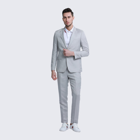Light Grey Linen Suit Slim Fit Two Piece Set - Wedding - Prom