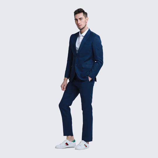 Navy Linen Suit Slim Fit Two Piece Set - Wedding - Prom