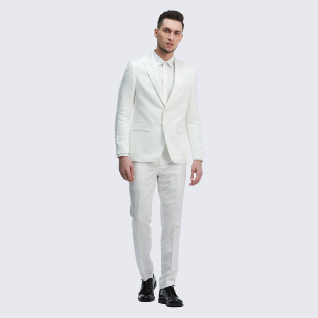 White Linen Slim Fit Two Piece Suit Set - Wedding - Prom