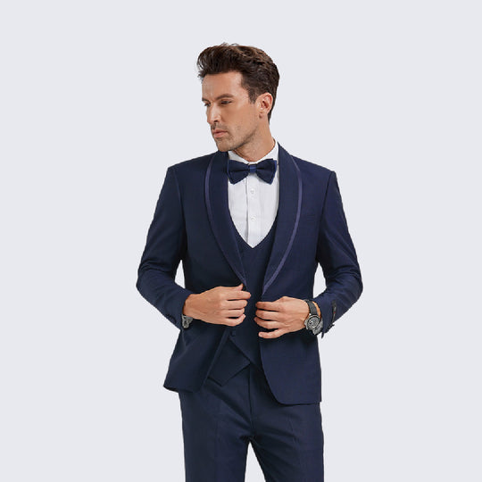 Blue Textured Tuxedo with Satin Shawl Lapel – 4 Piece Set