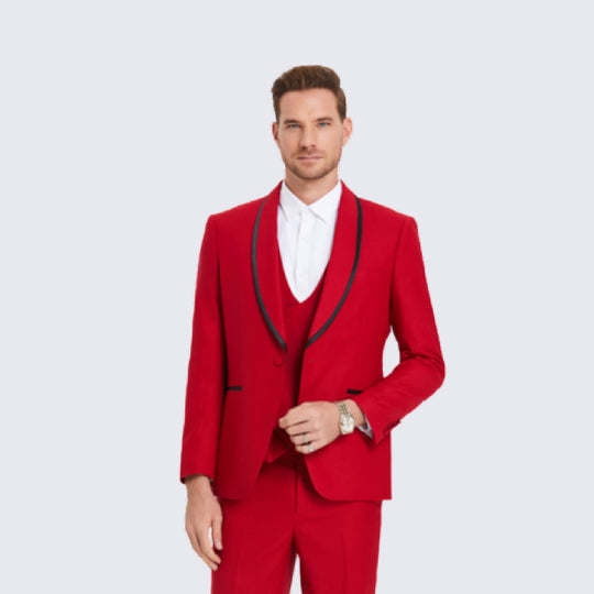 Red Textured Tuxedo with Satin Trim – 4 Piece Slim Fit Set