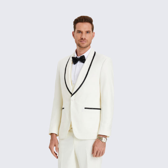 Men’s Off White Textured Tuxedo Set with Satin Trim – Wedding & Prom