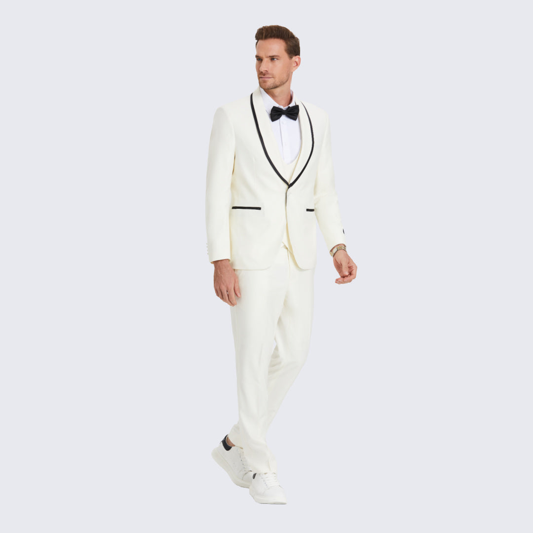 Off White Textured Tuxedo with Satin Trim Four Piece Set – Perfect Tux