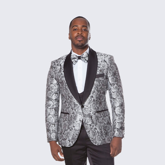 Silver Floral Tuxedo with Shawl Lapel – 4 Piece Slim Fit Set