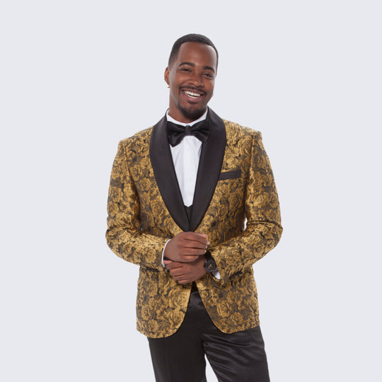 Gold Floral Tuxedo with Shawl Lapel – 4 Piece Slim Fit Set