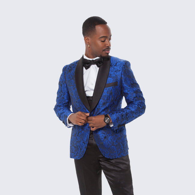 Royal Blue Floral Tuxedo with Shawl Lapel – 4 Piece Slim Fit Set