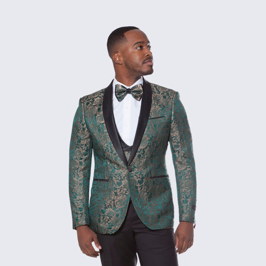 Green & Gold Pattern Tuxedo 4-Piece Set with Shawl Lapel – Wedding & Prom