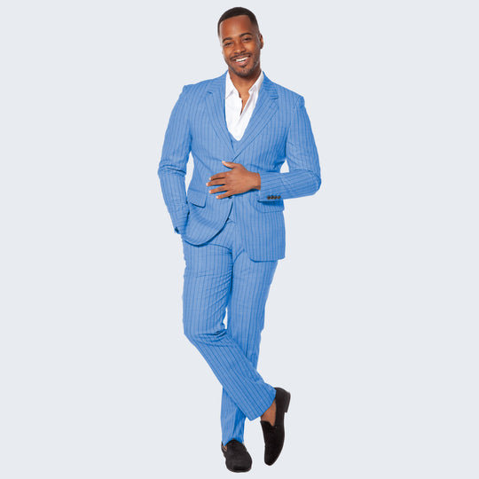 Smoke Blue Pinstripe 3-Piece Suit with Shawl Lapel – Wedding & Prom