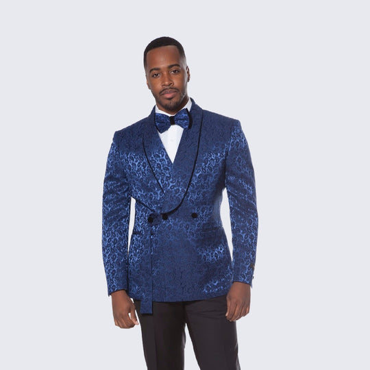 Blue Paisley Tuxedo with Shawl Lapel – 3 Piece Wedding & Prom Set