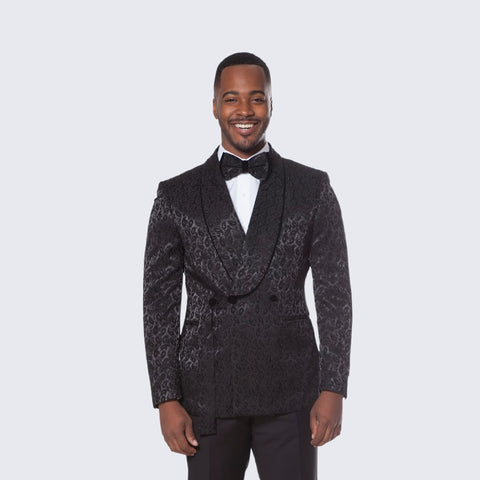 Black Tuxedo with Textured Paisley Design Three Piece Set - Wedding - Prom