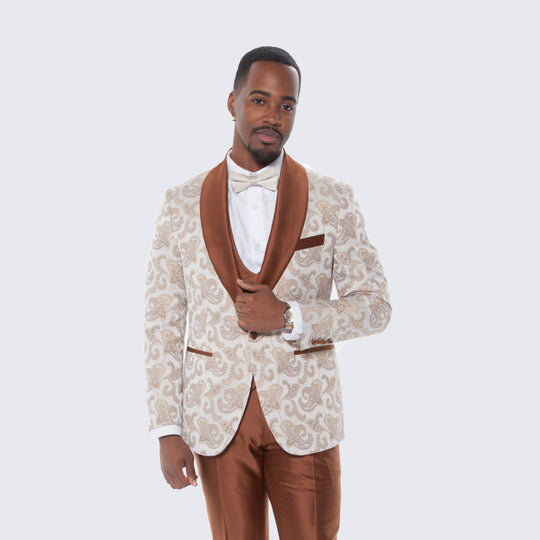 Brown Paisley Tuxedo with Shawl Lapel – 4 Piece Set