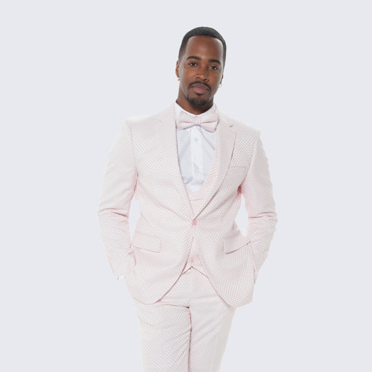 Pink Polka Dot Textured Slim Fit Tuxedo – 4 Piece Wedding & Prom Set