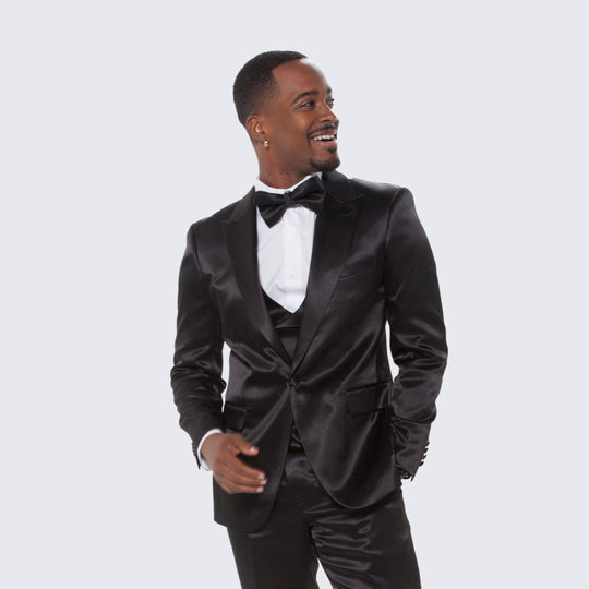 Black Satin Slim Fit Tuxedo 4-Piece Set – Wedding & Prom