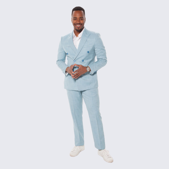 Teal Pinstripe Double Breasted Suit with Wide Peak Lapel – Wedding & Prom
