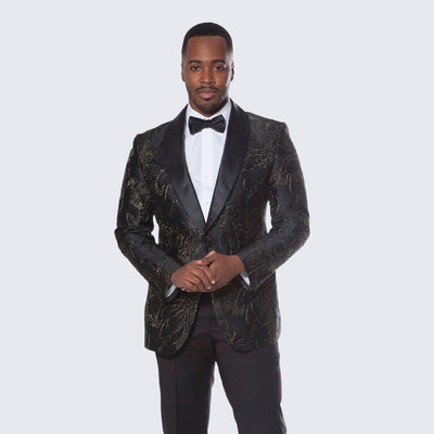 Black and Gold Tuxedo Jacket with Gold Trim Fancy Pattern - Wedding - Prom