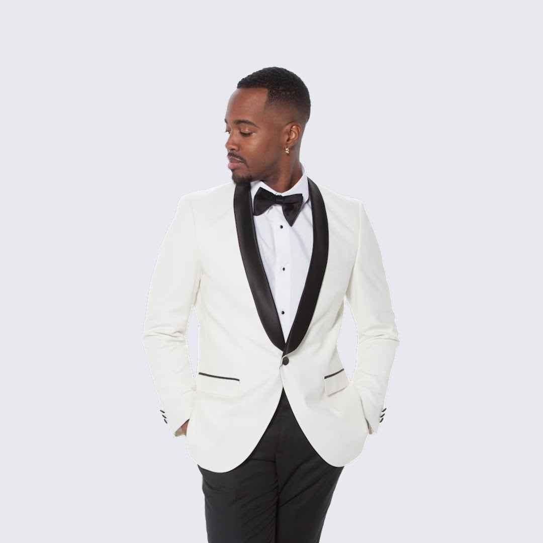 Ivory Tuxedo Jacket with Black Satin Shawl Lapel Slim Fit Wedding