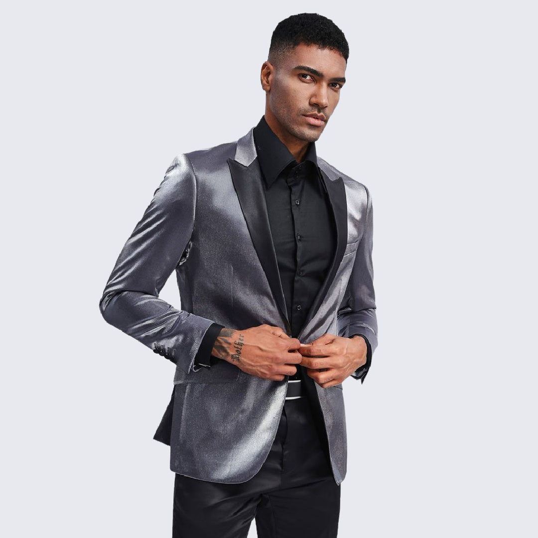 Charcoal Tuxedo Jacket Shiny Slim Fit with Peak Lapel Wedding Prom Perfect Tux