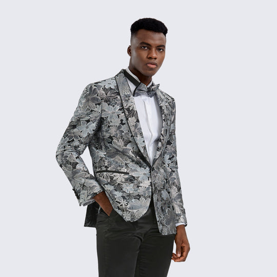 Silver Floral Tuxedo Jacket Slim Fit - Wedding - Prom