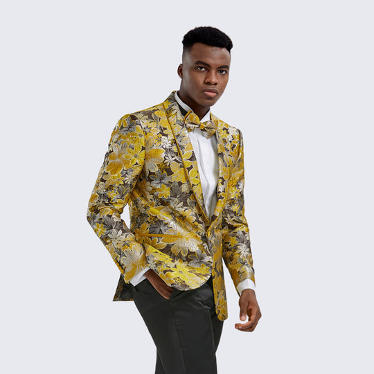 Gold Floral Tuxedo Jacket Slim Fit - Wedding - Prom
