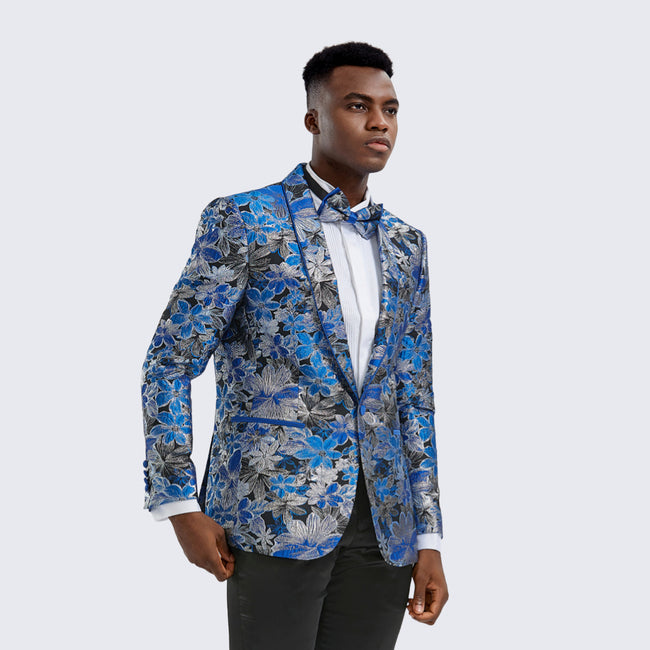 Royal Blue Floral Tuxedo Jacket Slim Fit - Wedding - Prom
