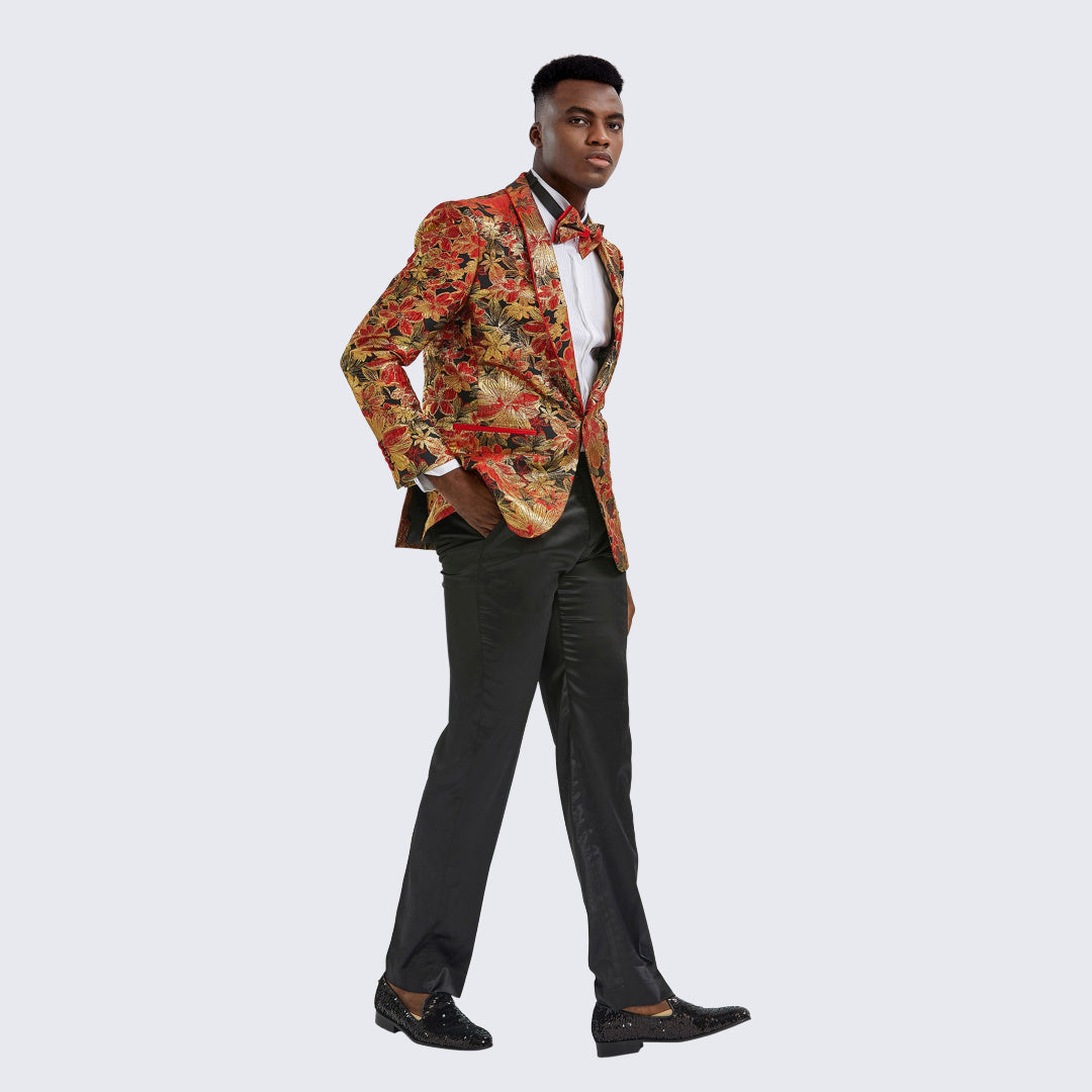 Red & Gold Floral Tuxedo Jacket Slim Fit - Wedding - Prom | Perfect Tux