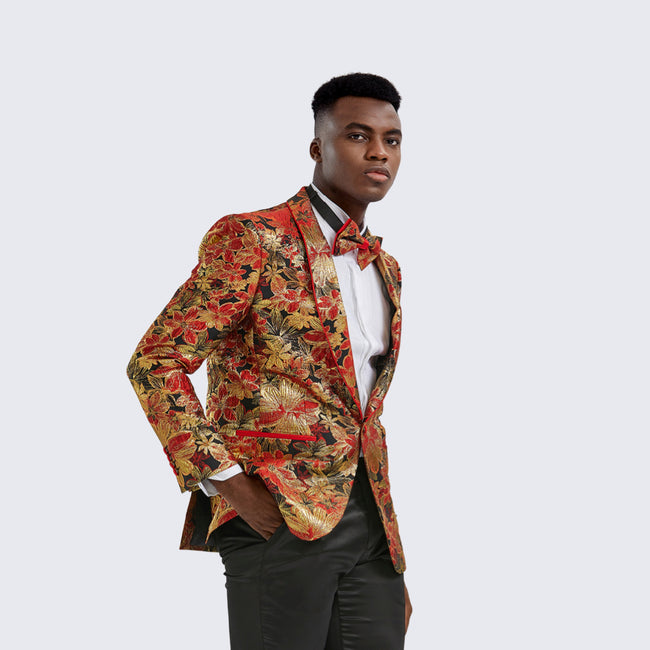 [DISCOUNTED] Red & Gold Floral Tuxedo Jacket Slim Fit - Limited Sizes