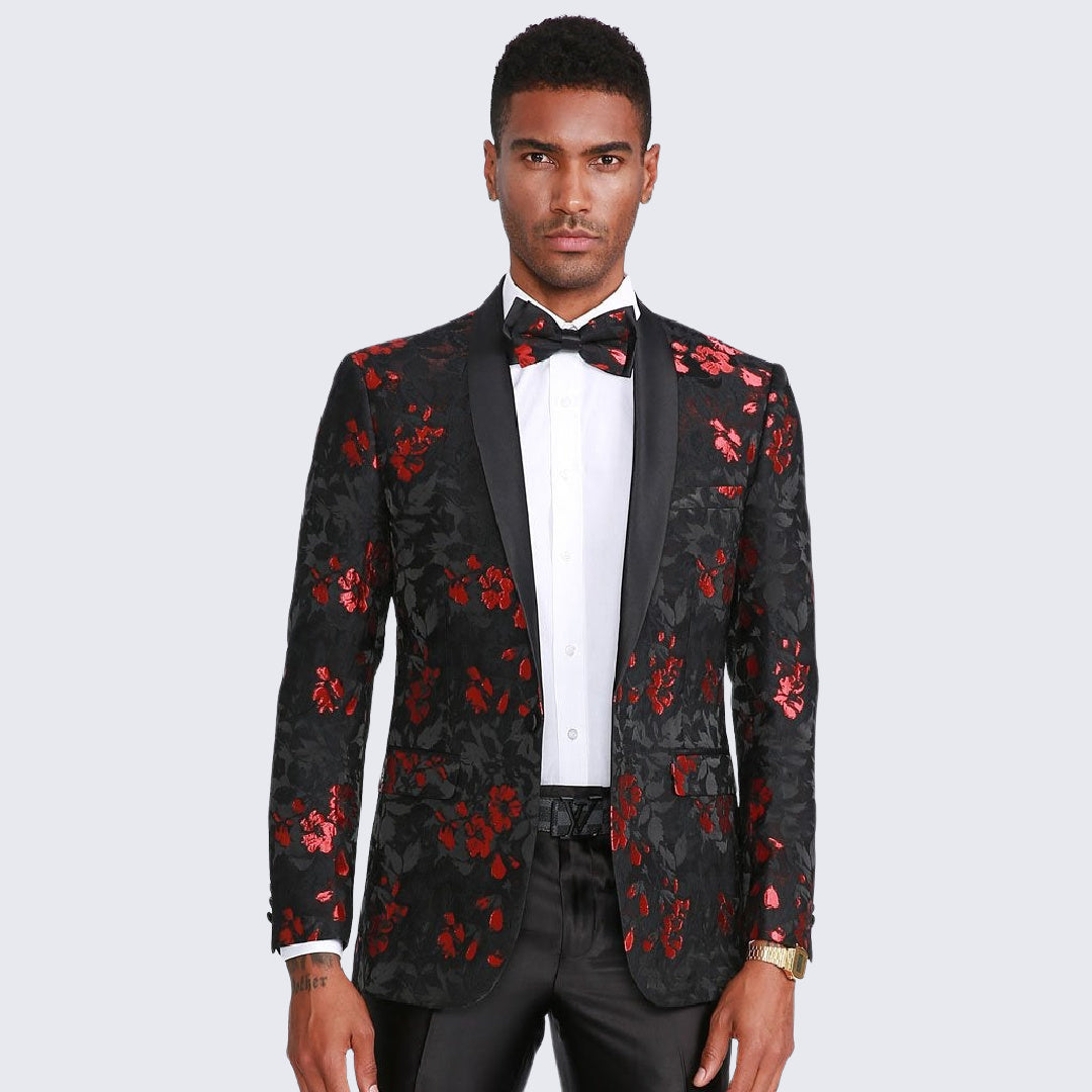 Red and Black Tuxedo Jacket Floral Pattern Slim Fit - Wedding - Prom ...